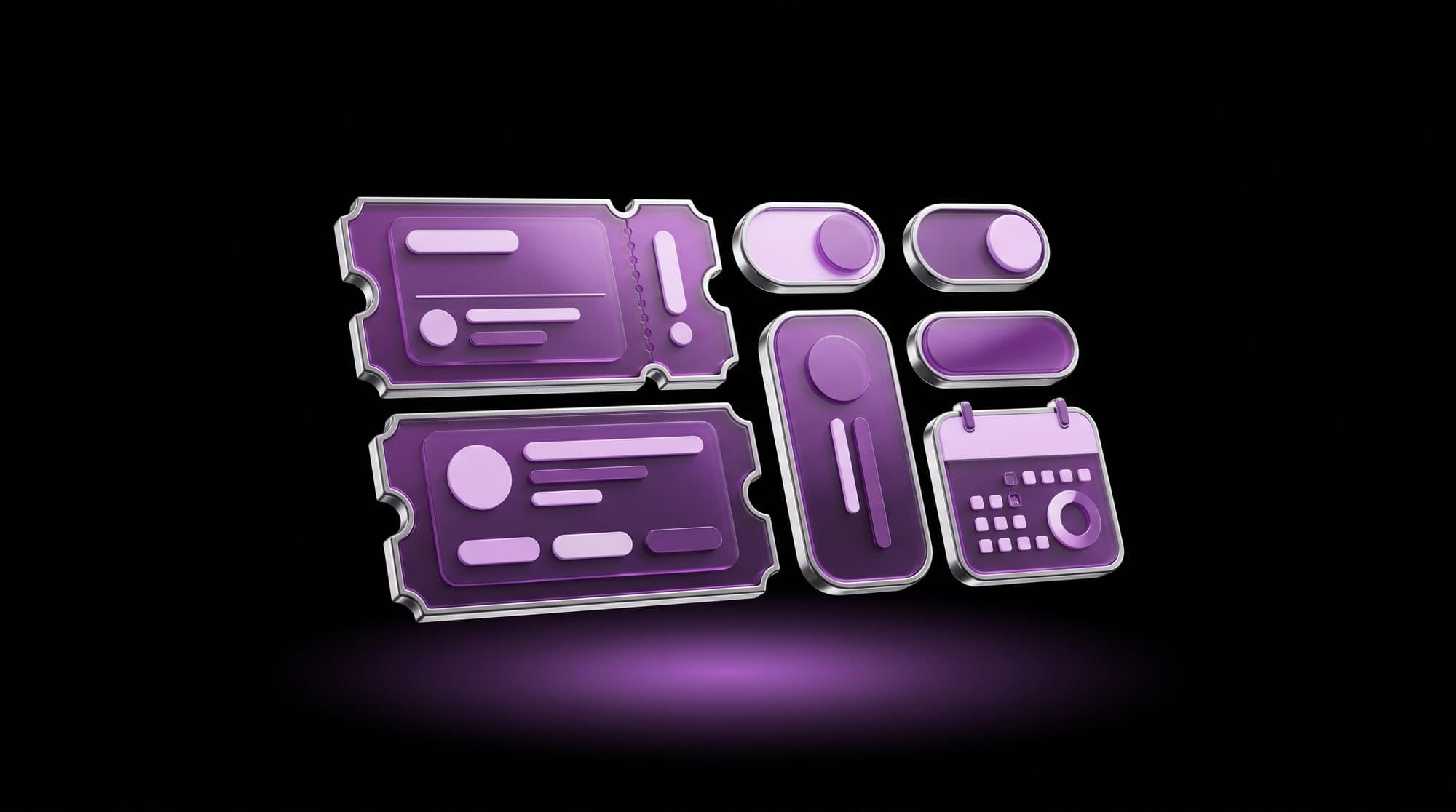 Interface components of the events app design system, including ticket cards, toggles and a calendar