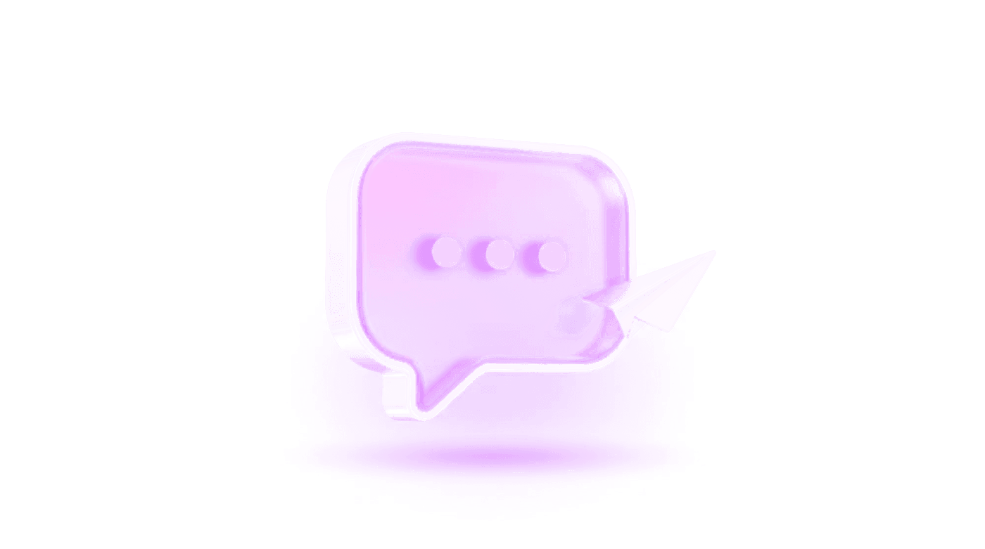 3D render of a purple glass chat bubble with a chrome paper plane, representing contacting PROCODE